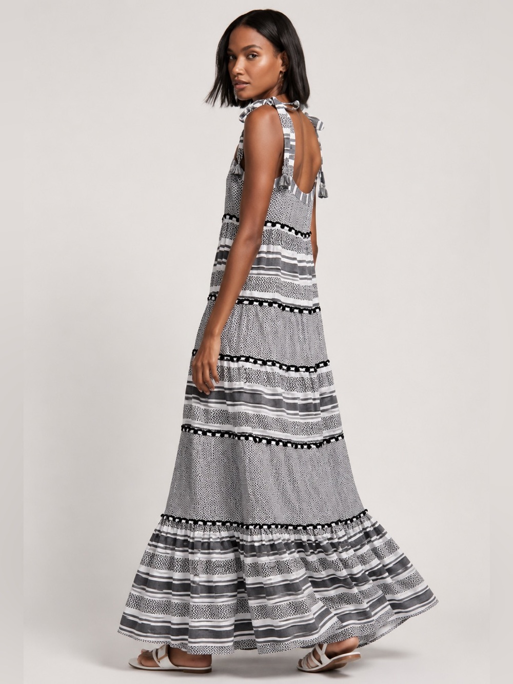 Veronica Beard Quartz Dress Black White Cotton Tassel Tie Maxi - Picture 2 of 7